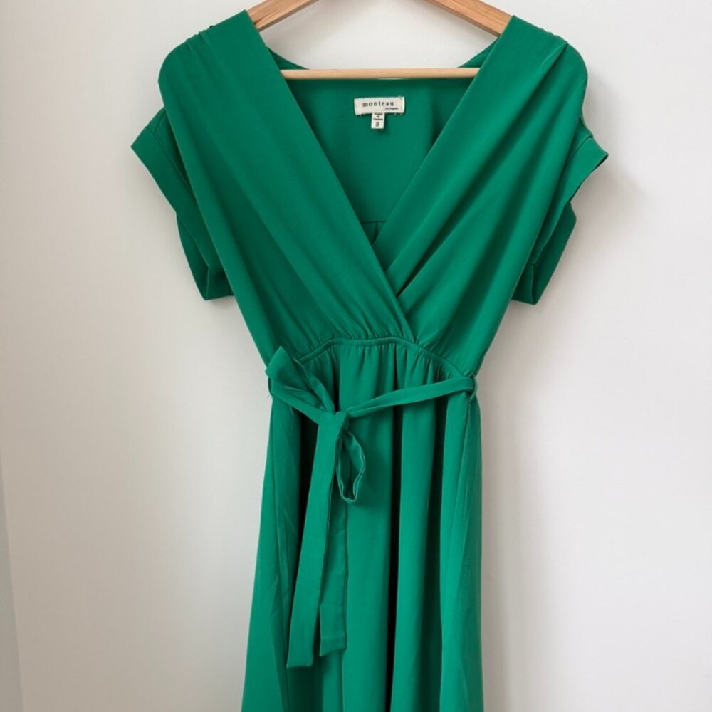 Monteau Los Angeles Emerald Green Faux Wrap Tie-Waist Dress | Size S